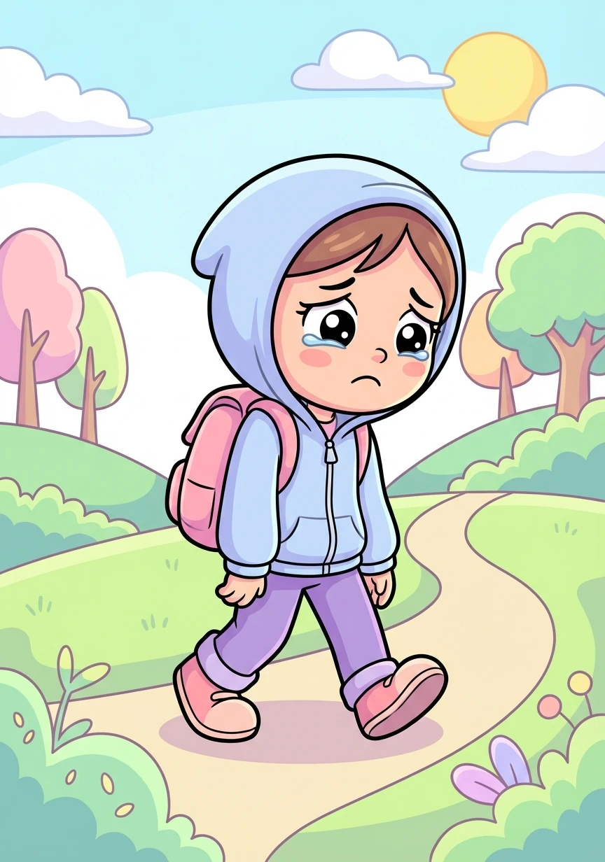 Sofia caminhava lentamente para a escola, arrastando os pés. Seu rosto estava triste, e seus olhos cheios de lágrimas. Ela não queria ir, as palavras maldosas dos outros a machucavam muito.