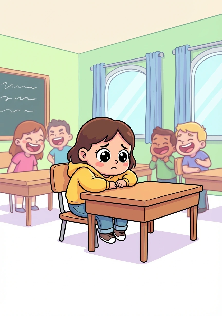 Na sala de aula, Sofia se sentava sozinha, tentando se esconder. As risadas e os olhares a faziam se sentir pequena e invisível. Ela desejava que o dia terminasse logo.