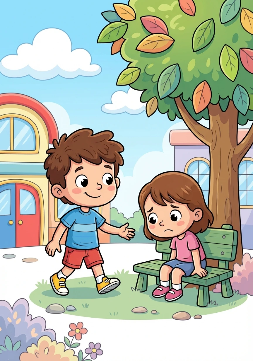 Um dia, um novo aluno chegou à escola. Seu nome era Lucas, e ele tinha um sorriso gentil. Lucas notou a tristeza de Sofia e decidiu se aproximar.