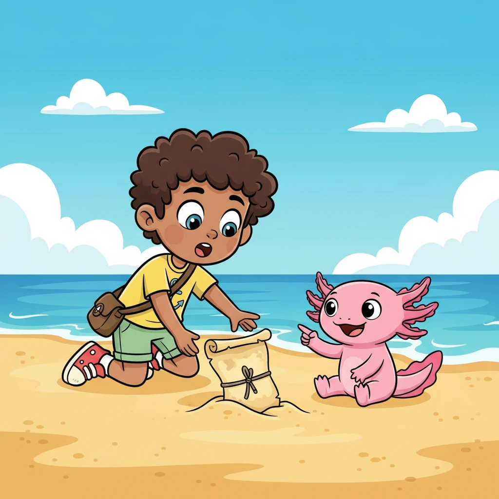 Leo, a curious boy, and his best friend, Ajo the cheerful axolotl, were playing on a sunny beach. Suddenly, Ajo spotted something half-buried in the sand – an old, rolled-up map! Leo gasped, "Wow, it's a map!"
