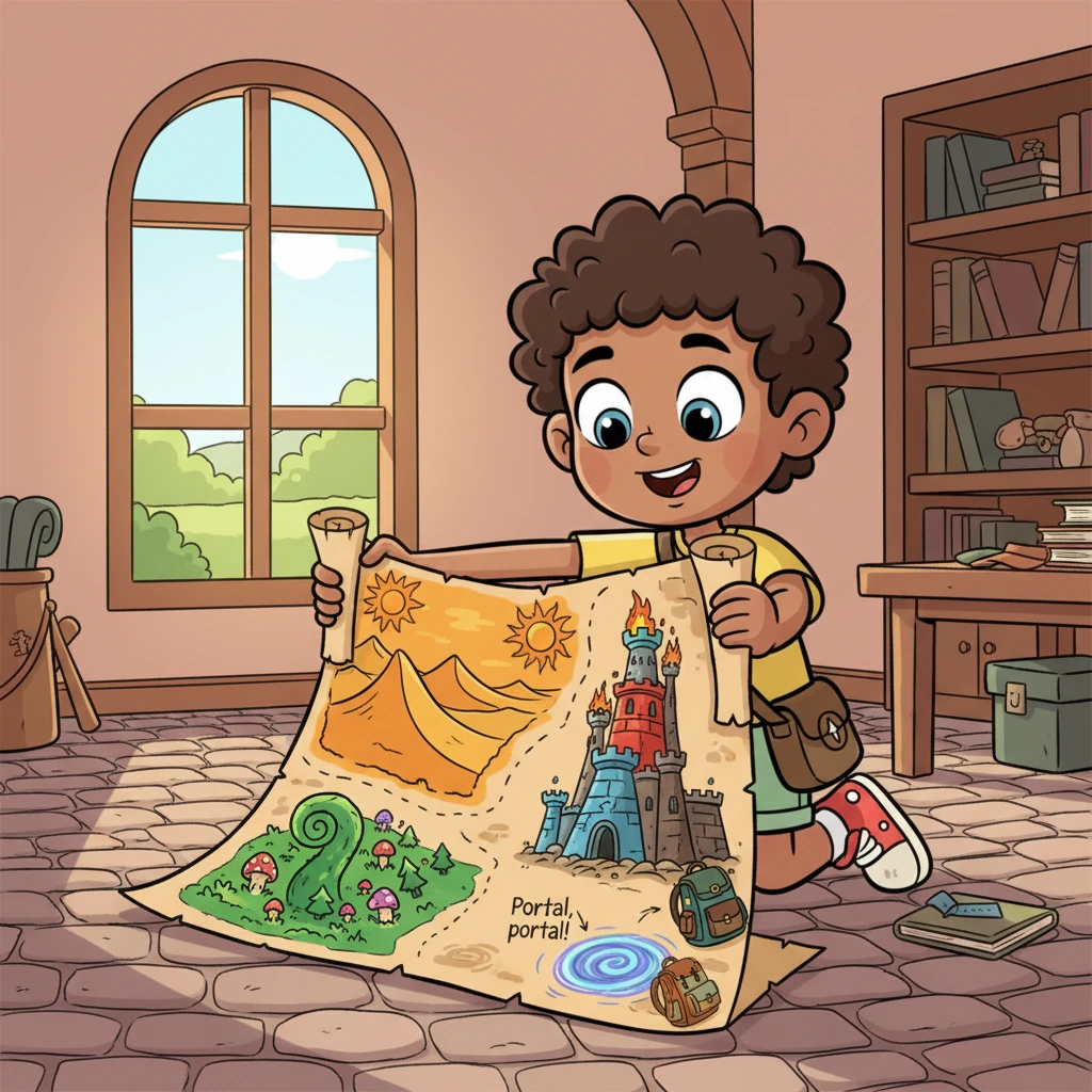 With wide eyes, they unrolled the ancient map, revealing a path to a legendary treasure. The map explained they needed to brave a magical forest, a scorching desert, and an elemental castle. It also promised special backpacks and a magical portal activated by saying "Portal, portal, portal!"