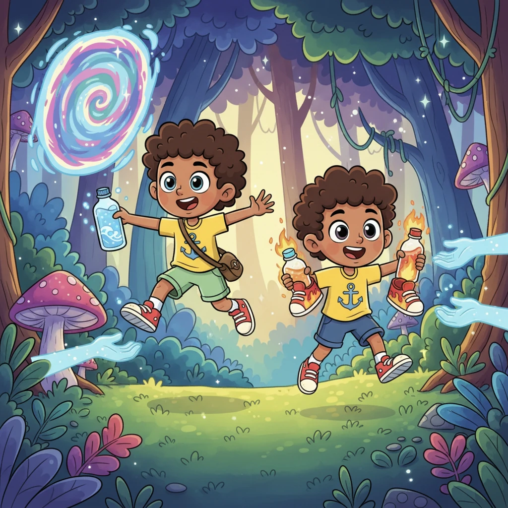 They tumbled through the portal and landed softly in a vibrant, glowing magical forest. Mysterious hands handed them super-speed shoes, endless water bottles, and elemental powers. Leo got fire, and Ajo got water, making them feel incredibly strong!