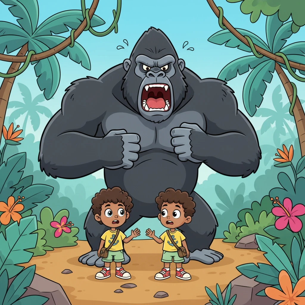 As they ventured deeper, a giant, grumpy gorilla suddenly appeared, blocking their path with crossed arms. "You won't pass!" he roared, thumping his chest. Leo and Ajo exchanged a quick glance, knowing they had to be clever.
