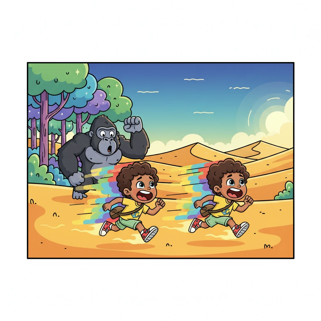 Thinking fast, Leo and Ajo activated their super-speed shoes, zipping past the surprised gorilla in a blur of colorful motion. They zoomed out of the magical forest and straight into the hot, sandy expanse of the desert, feeling very thirsty.