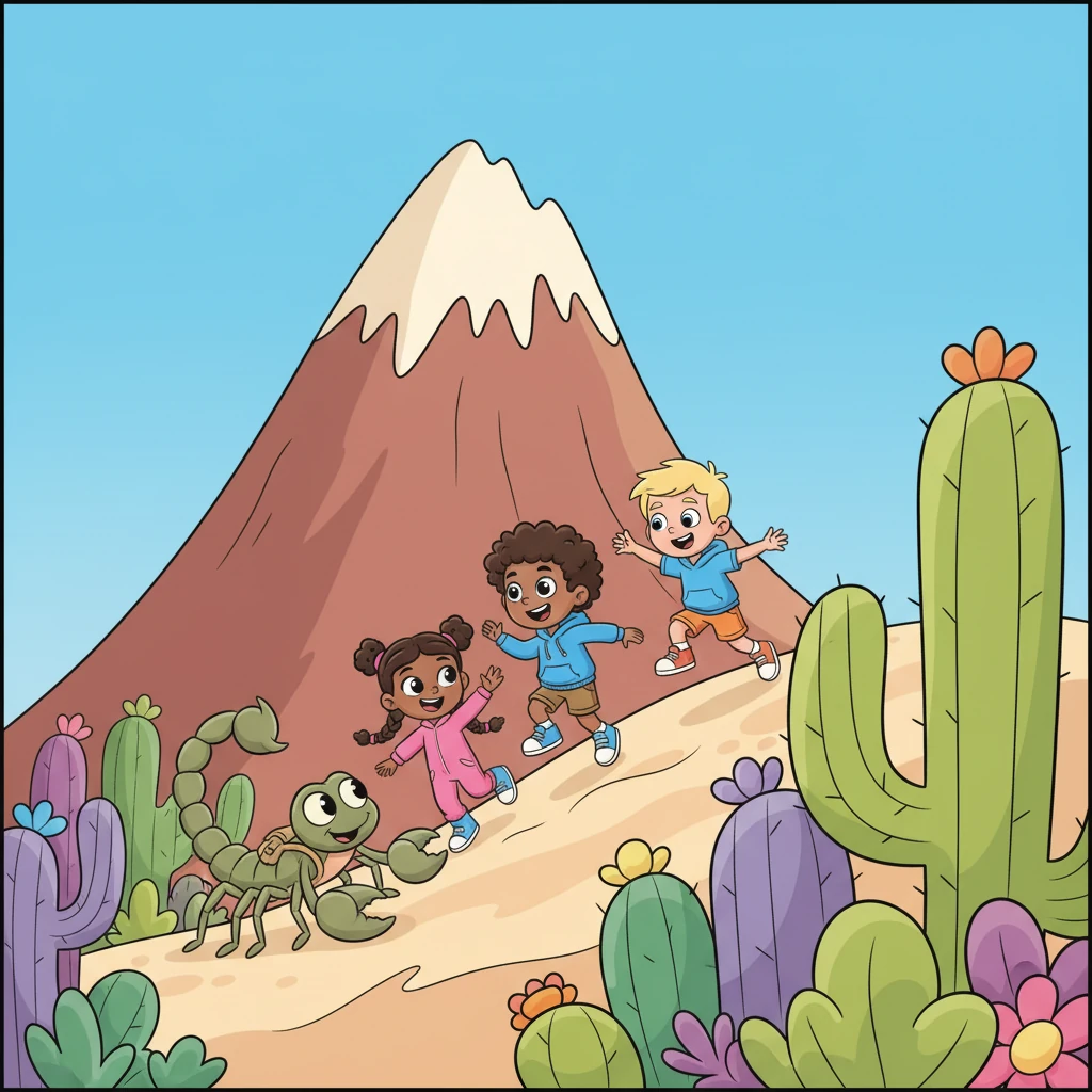 With their new scorpion guide leading the way, the trio bounced and leaped through a whimsical forest of giant, cartoonish cacti. Then, they bravely scaled a towering, wavy mountain, its peak touching the bright blue sky.