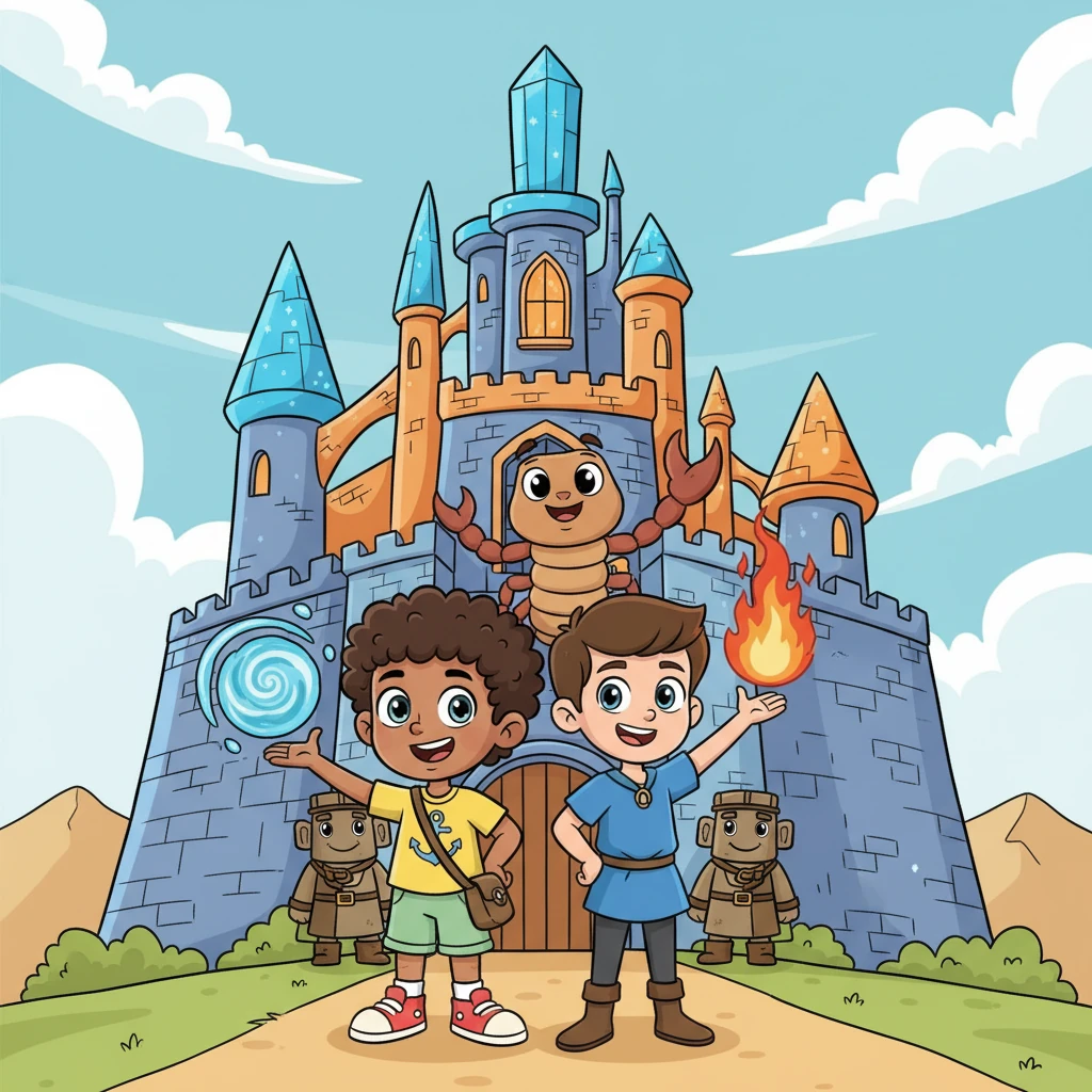 Finally, they reached the magnificent Elemental Castle, its towers sparkling with magic. The scorpion waved goodbye, and Leo and Ajo confidently approached the entrance, showing their new fire and water powers to the friendly guards. "We're ready!" they declared.