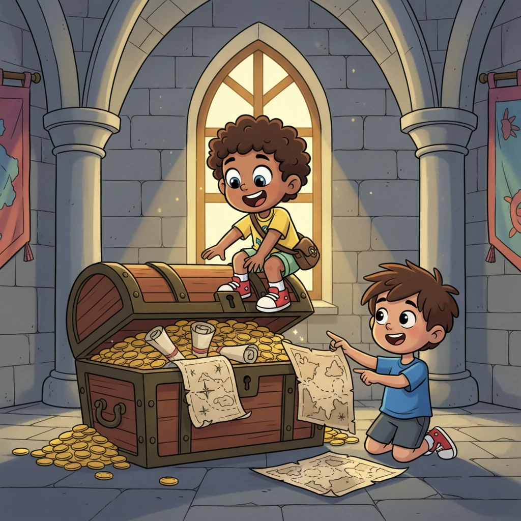 Inside the castle, they discovered a grand treasure chest overflowing with gleaming gold coins. But even more exciting were the piles of new maps, promising countless future adventures! Leo and Ajo knew this was just the beginning of their incredible journey.