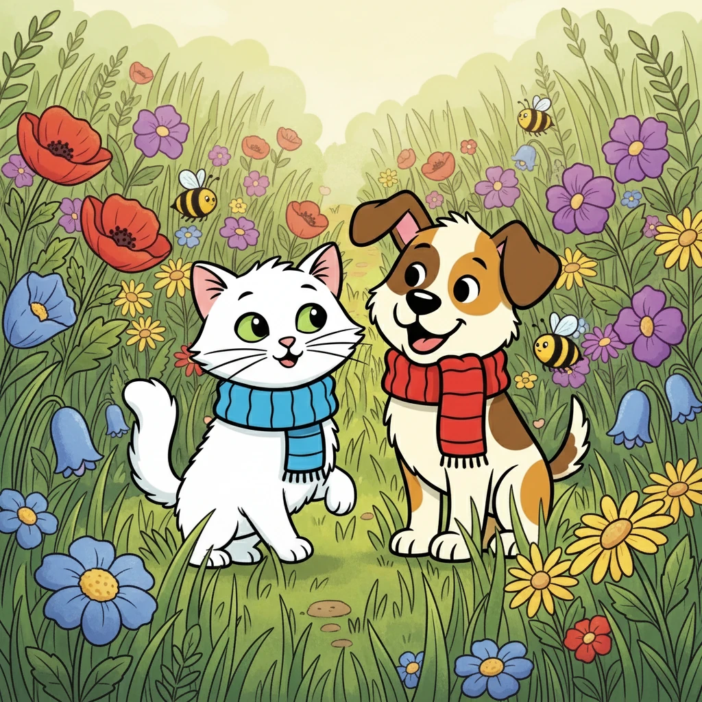 Whiskers and Patches tiptoed through the tall grass, their paws and paws barely making a sound. The garden was a maze of colorful flowers, buzzing bees, and hidden pathways. They looked at each other with excitement in their eyes.