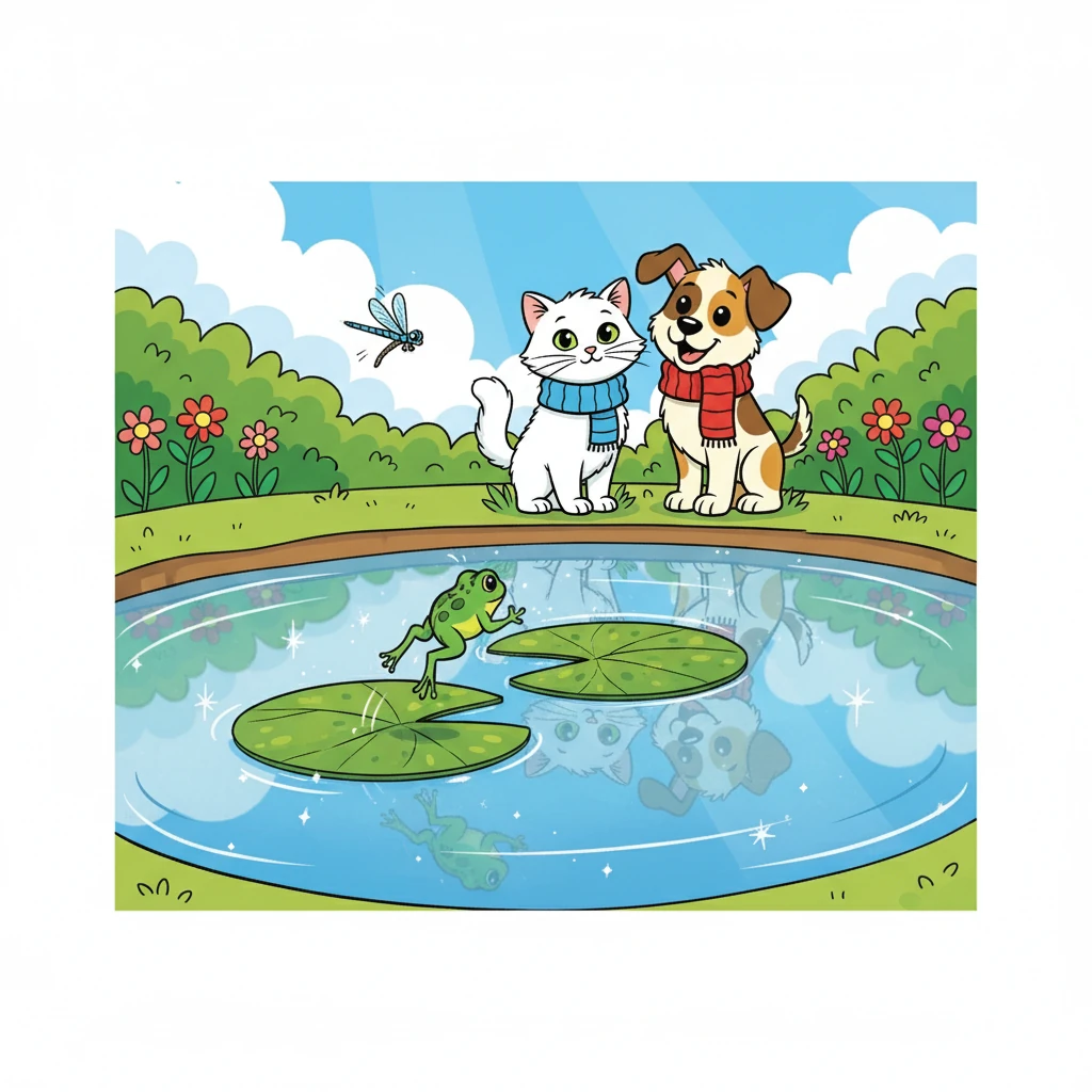 Suddenly, they discovered a sparkling pond, reflecting the blue sky. A tiny frog leaped from a lily pad, and a dragonfly zoomed past. Whiskers and Patches stared in amazement, forgetting all the other things.