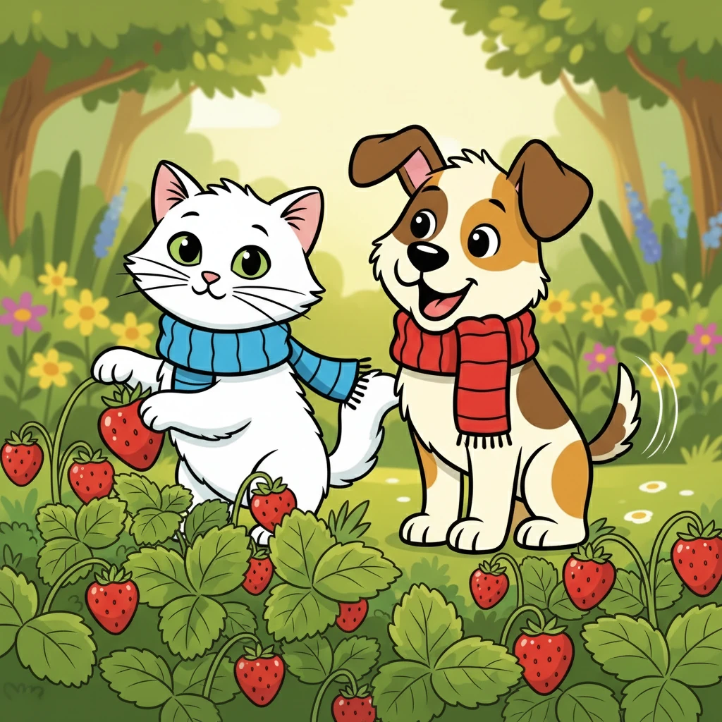 Deeper into the garden, they found a hidden patch of ripe, red strawberries. Whiskers delicately picked one, while Patches watched, his tail wagging with anticipation. It was a delicious treat for their little adventure.