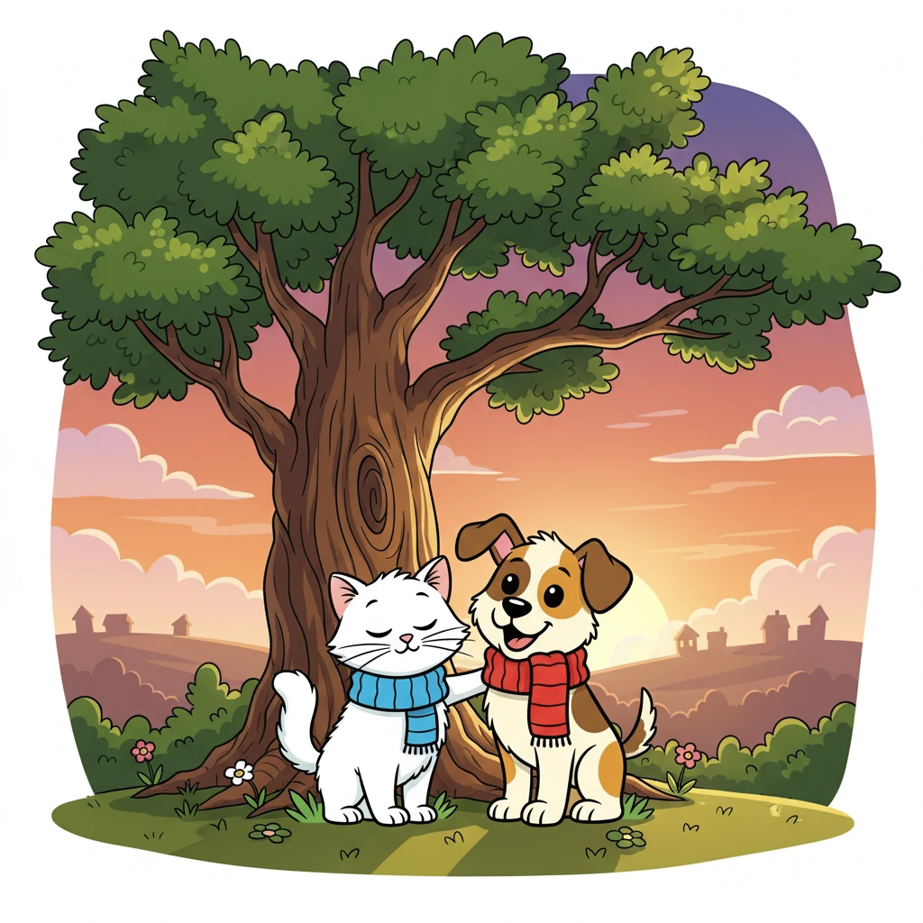 As the sun began to set, painting the sky with orange and purple hues, they found a cozy spot under a big oak tree. Tired but happy, they snuggled together, content and sleepy.