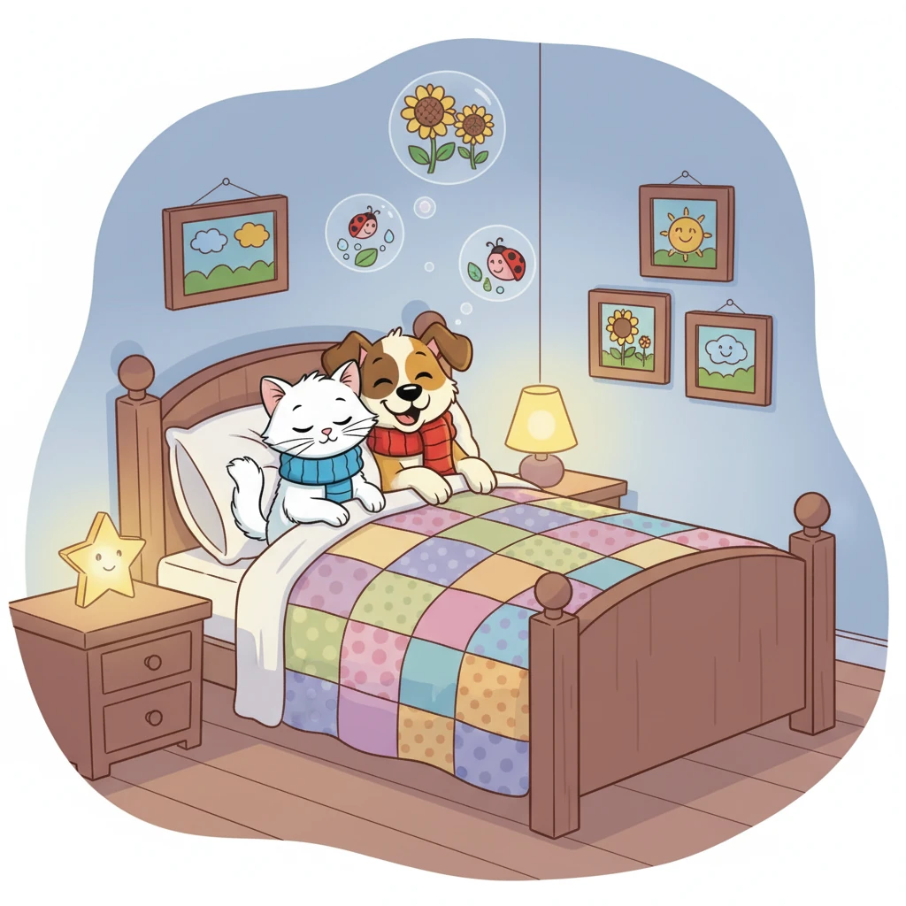 Back in the house, nestled in their beds, Whiskers and Patches dreamed of their garden adventure. The friendship and joy of the day were precious to them, and they knew they would have many more adventures together.