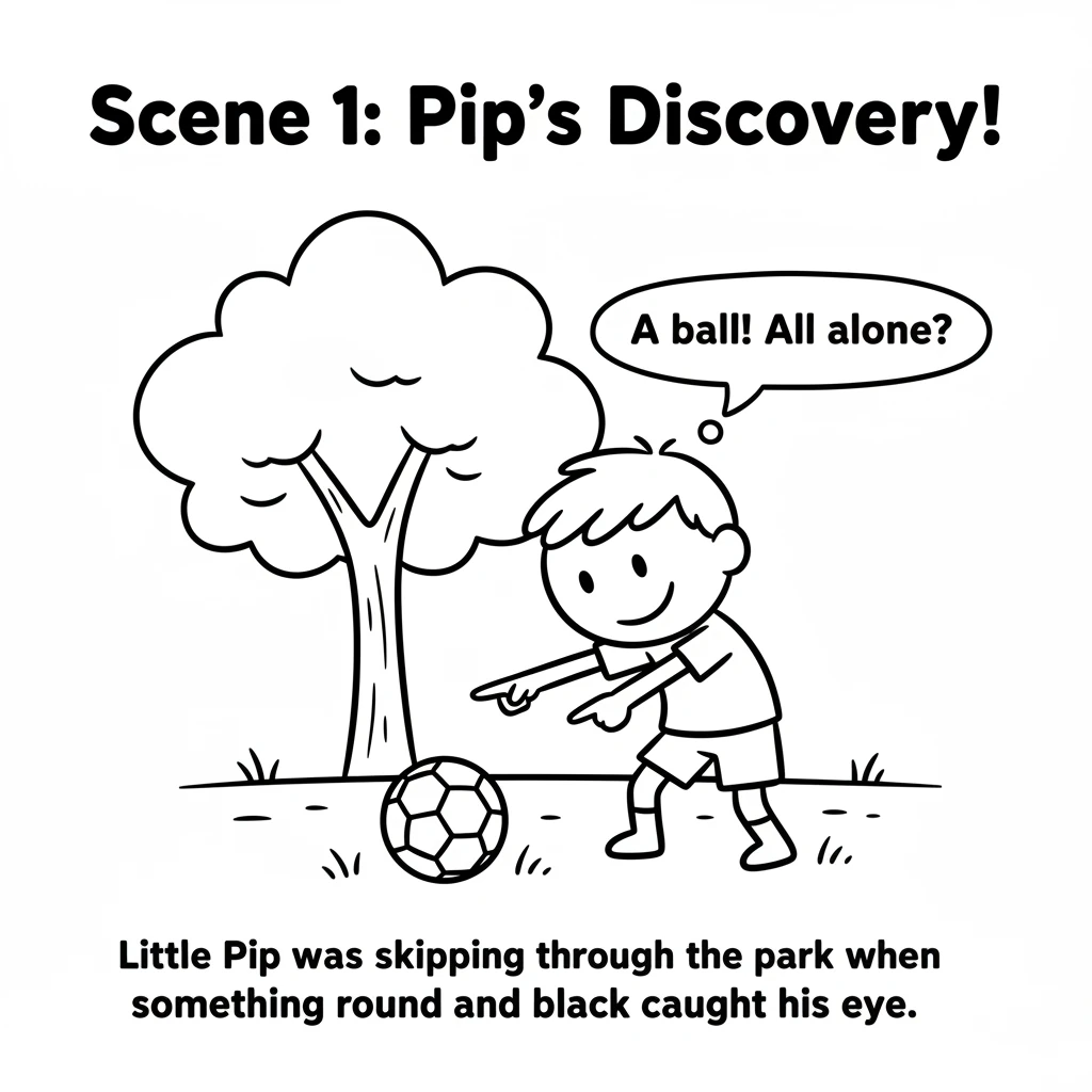 Little Pip was skipping through the park when something round and black caught his eye. It was a football, sitting all alone under a big oak tree. Pip