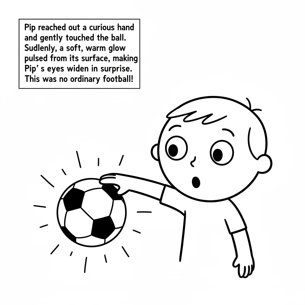 Pip reached out a curious hand and gently touched the ball. Suddenly, a soft, warm glow pulsed from its surface, making Pip's eyes widen in surprise.