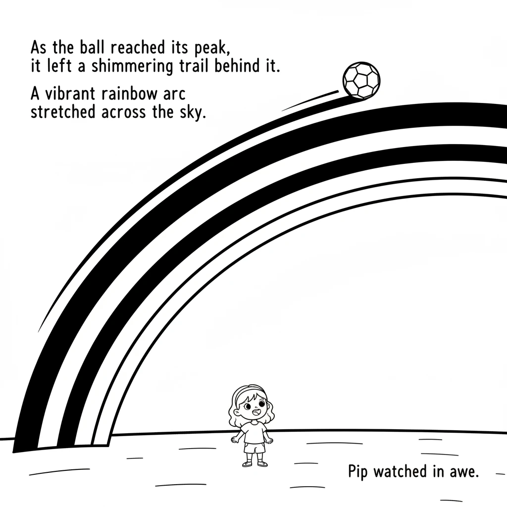 As the ball reached its peak, it left a beautiful, shimmering trail behind it. A vibrant rainbow arc stretched across the sky, painting colors where t