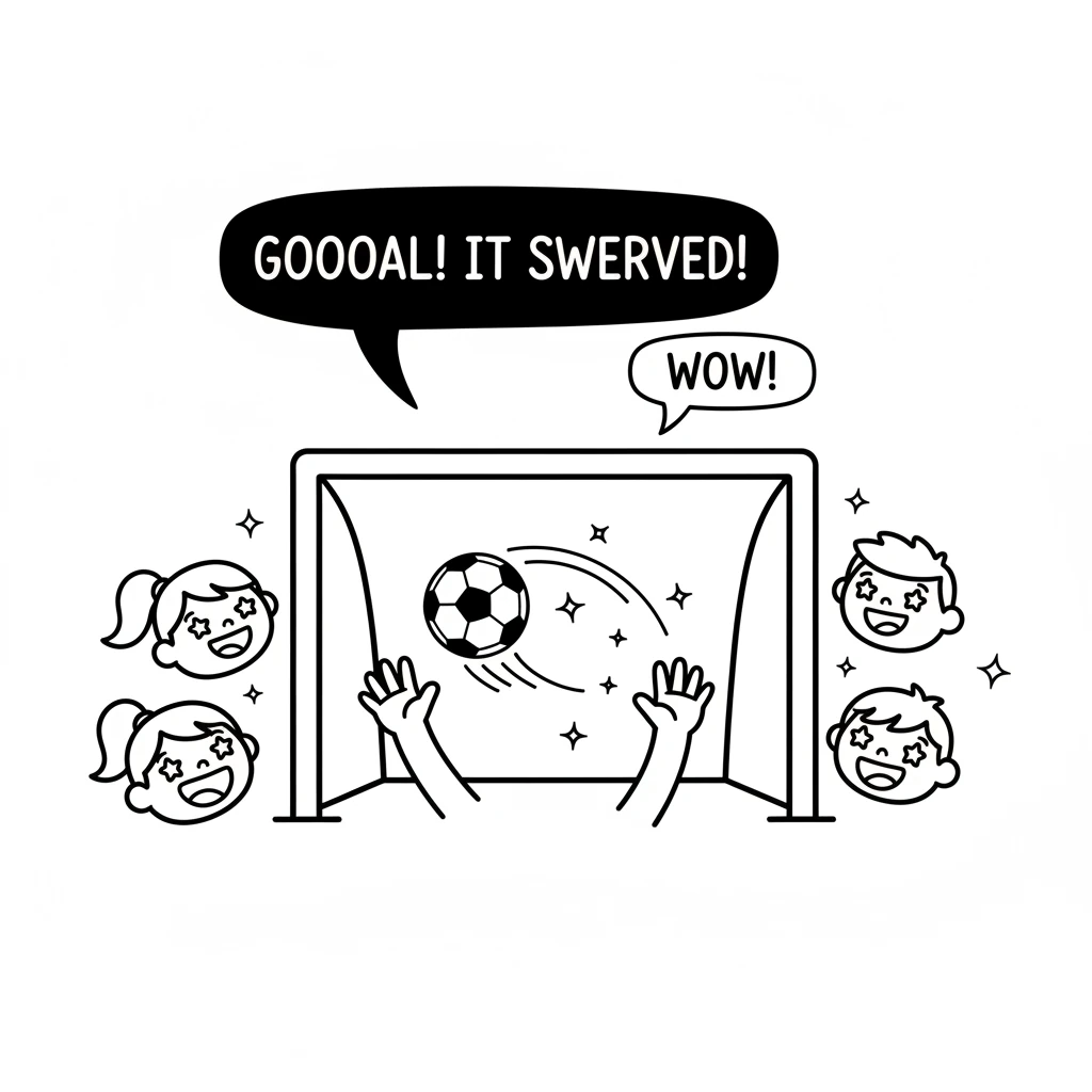 One tricky shot was heading wide, but the magical ball gently swerved mid-air, guiding itself perfectly into the goal. Everyone cheered loudly, amazed
