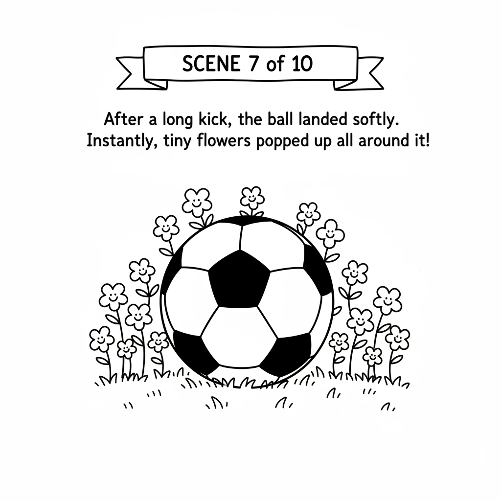 After a long kick, the ball landed softly in a patch of grass. Instantly, tiny flowers with cheerful petals popped up all around it, blooming in brigh