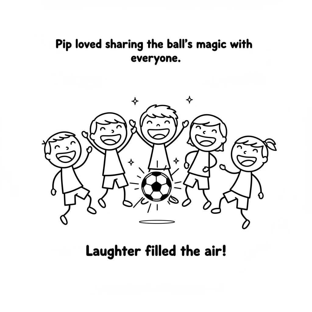 Pip loved sharing the ball's magic with everyone. Children gathered around, their faces full of smiles and wonder as they took turns kicking the spark