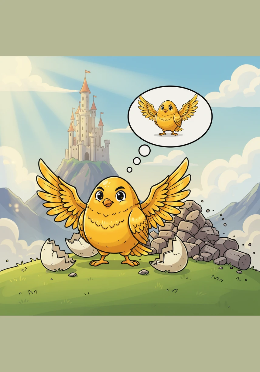 딱딱한 껍질을 깨고 나온 험티덤티는 자신의 등에 돋아난 눈부신 황금빛 날개를 발견했습니다. 그는 조심스럽게 날개를 퍼덕이며 담장 위에서 힘차게 공중으로 뛰어올랐습니다.