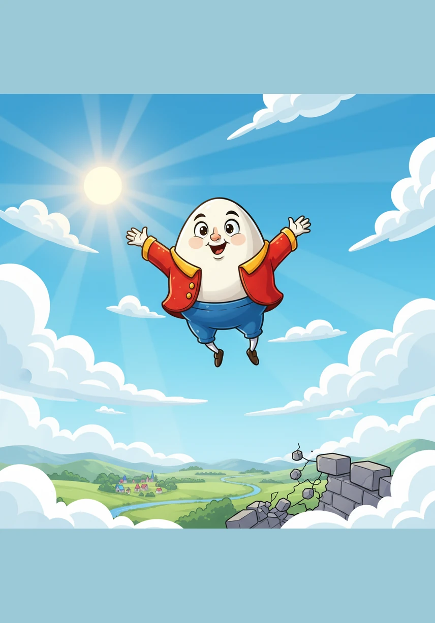 예전에는 세상의 전부라고 믿었던 높은 담장이 이제는 발아래 작은 선처럼 보였습니다. 험티덤티는 담장보다 훨씬 높은 곳에서 불어오는 시원한 바람을 온몸으로 느끼며 더 높이 솟구쳤습니다.