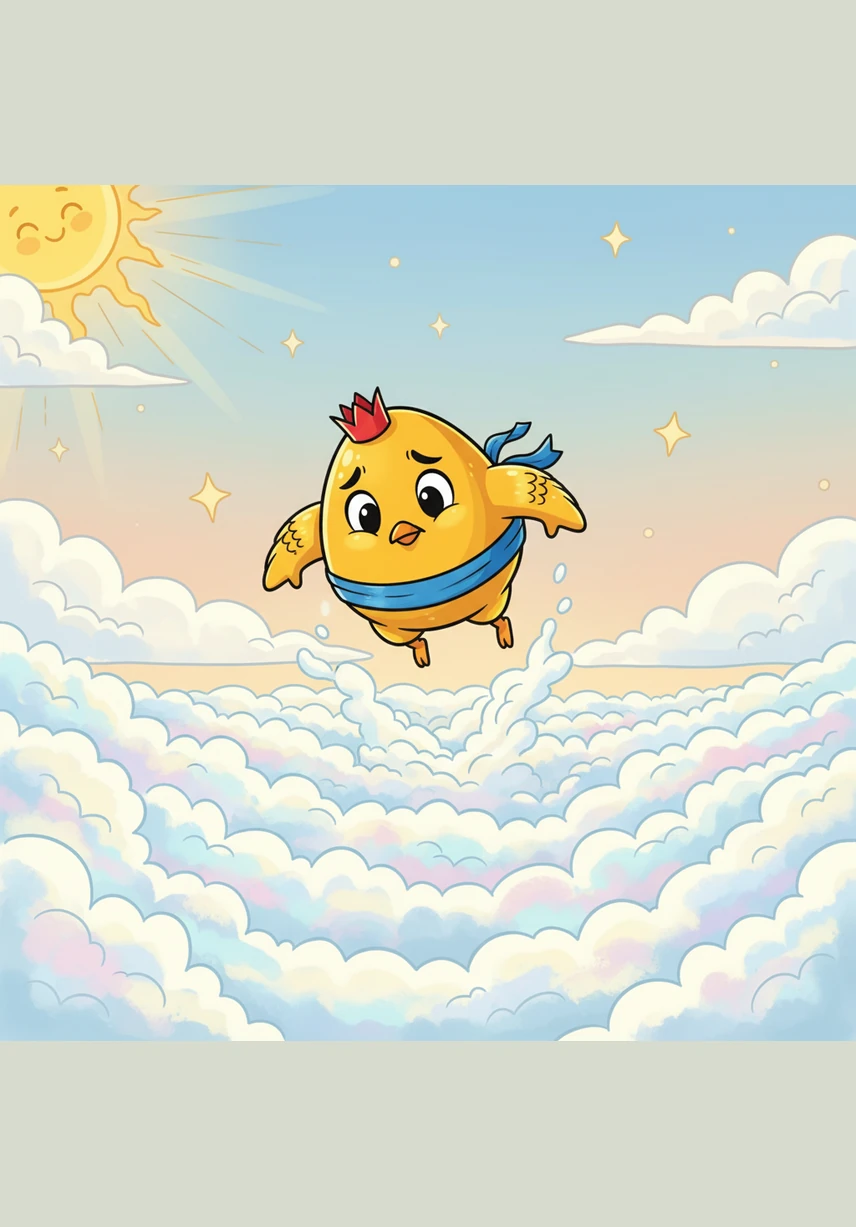 솜사탕처럼 부드러운 하얀 구름 속으로 험티덤티가 용기 있게 뛰어들었습니다. 차갑고 촉촉한 구름의 감촉이 황금빛 깃털 사이사이를 스치며 신비로운 기분을 선사했습니다.