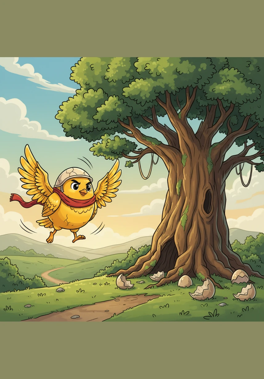 험티덤티는 예전에 너무 높아서 쳐다보기만 해도 무서웠던 거대한 나무를 향해 날아갔습니다. 이제 그는 두려움 대신 호기심 가득한 눈빛으로 나무 꼭대기를 조준했습니다.