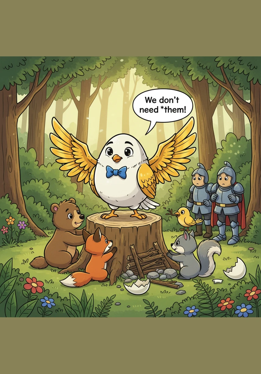 나무 위에서 쉬고 있던 숲속 새들이 낯선 친구 험티덤티를 반갑게 맞이해주었습니다. 친구들의 지저귐에 화답하며 험티덤티는 태어나서 처음으로 따뜻한 우정을 느꼈습니다.