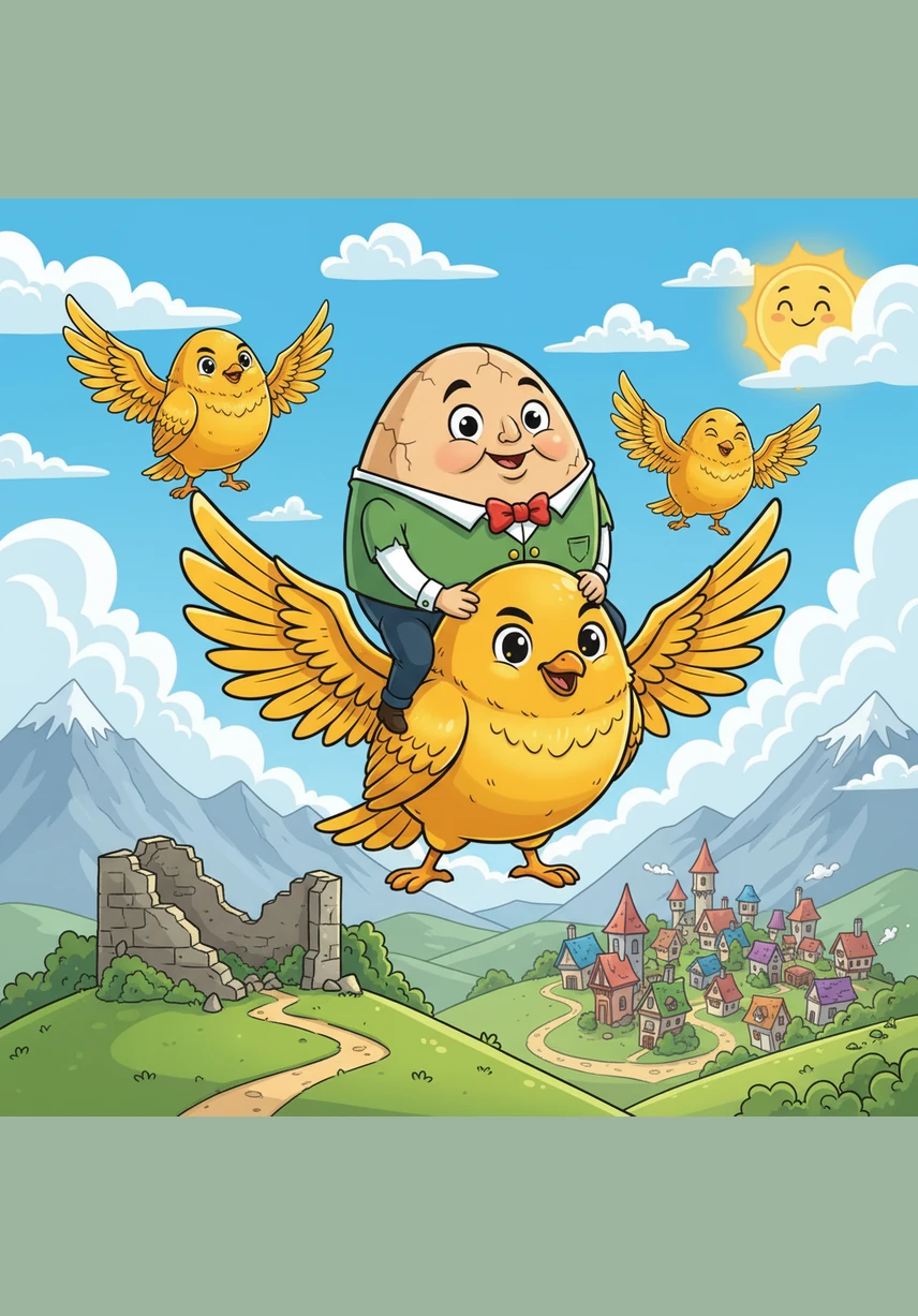 험티덤티와 새 친구들은 다 함께 대열을 맞추어 드넓은 하늘을 날기 시작했습니다. 오후의 햇살을 받아 반짝이는 그의 황금빛 날개는 무리 중에서도 가장 눈부시게 빛났습니다.