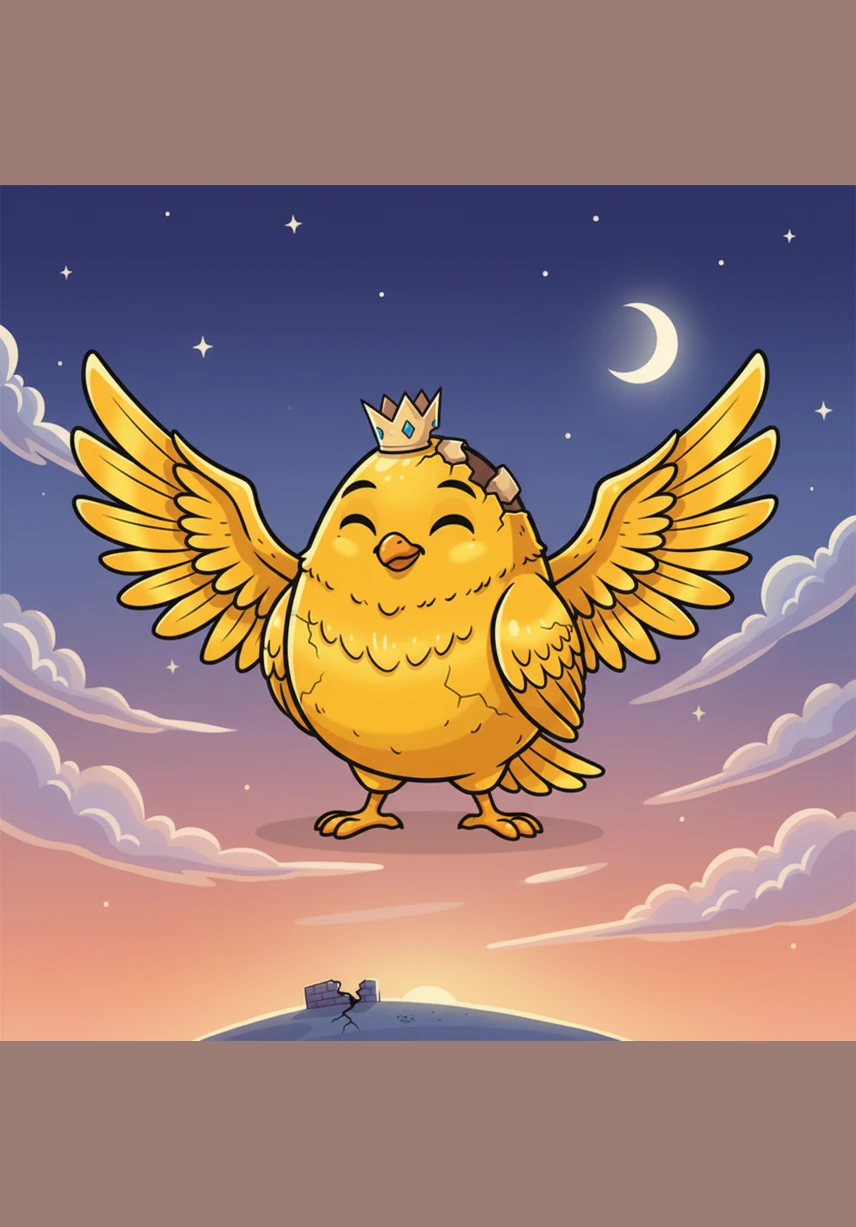 하늘이 주황빛과 보랏빛으로 물드는 노을 질 무렵, 험티덤티는 마음속 깊은 평온함을 느꼈습니다. 그는 이제 떨어지는 법이 아니라, 하늘을 자유롭게 유영하는 법을 완벽하게 깨달았습니다.