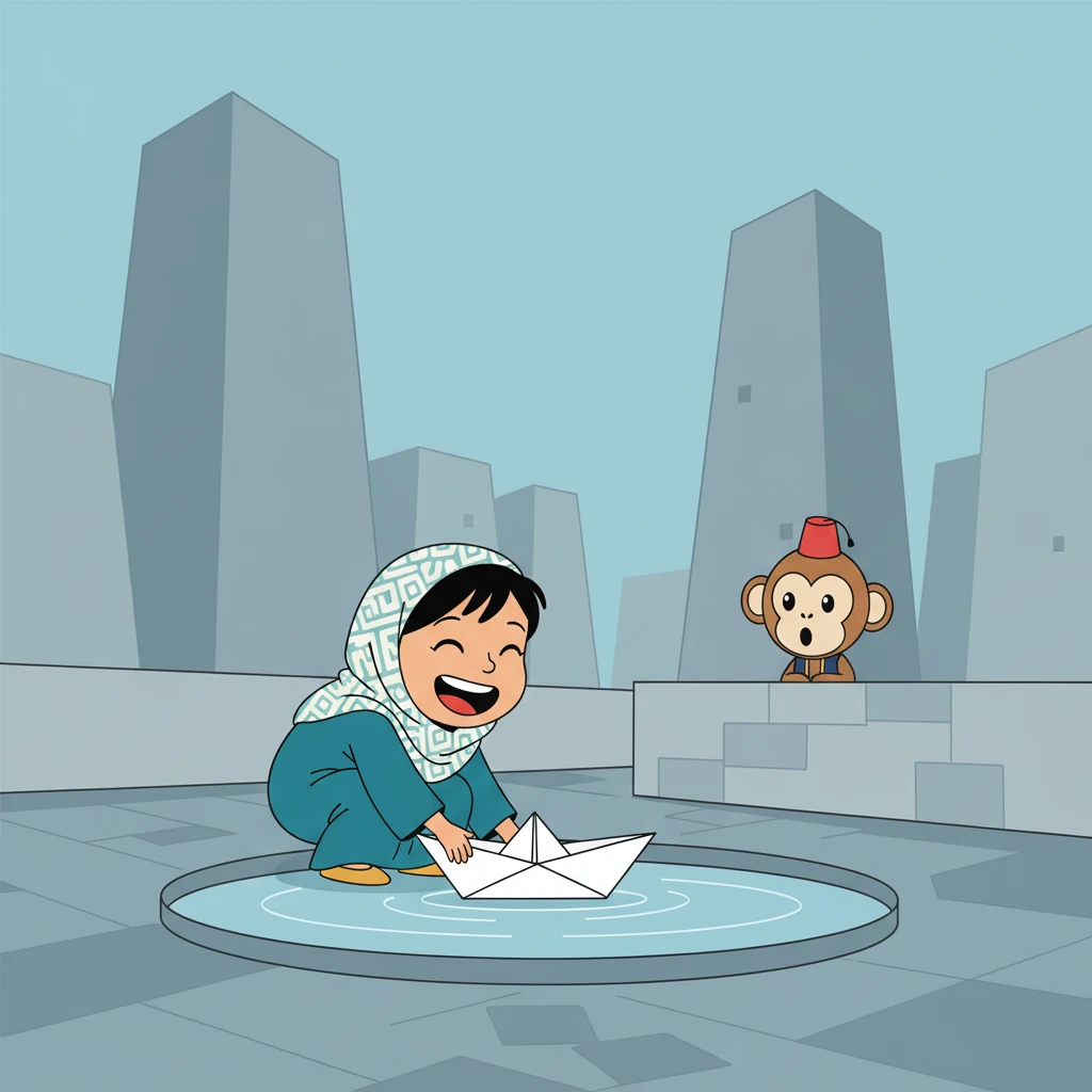 فجأة، رأى فلفل طفلًا صغيرًا يضحك بفرح وهو يلعب بقارب ورقي بسيط في بركة ماء صغيرة، غير آبه بالمباني الضخمة حوله. كان ضحك الطفل نقيًا وصادقًا، مليئًا بالبهجة الخالصة من أبسط الأشياء.