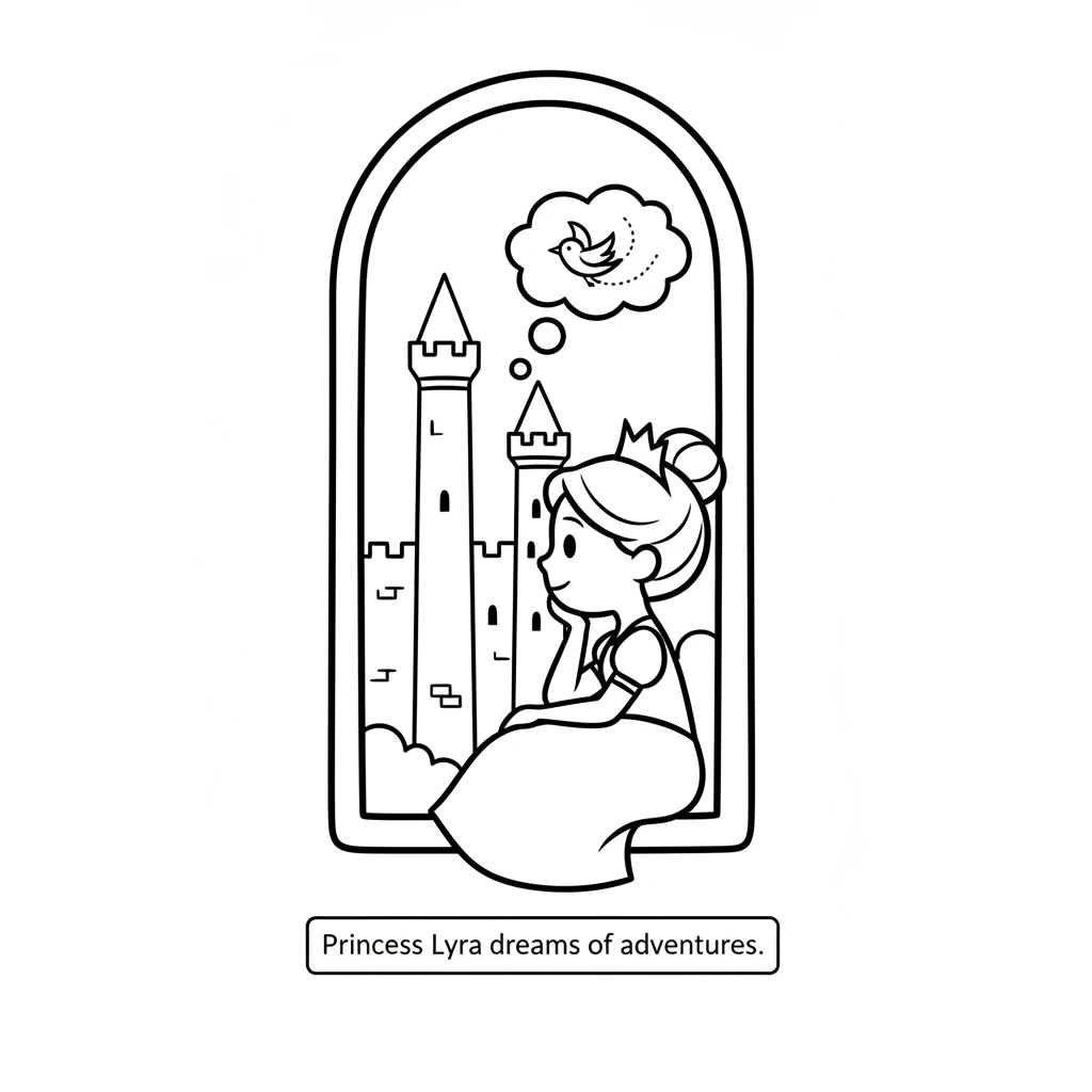 Princess Lyra sits by her castle window, looking out with a thoughtful expression. She dreams of adventures beyond the tall, grand walls. Her simple c