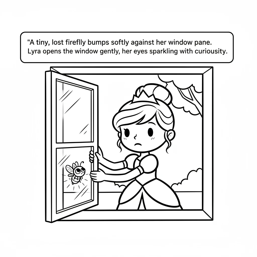 A tiny, lost firefly, its light barely a flicker, bumps softly against her window pane. Lyra opens the window gently, her eyes sparkling with curiosit