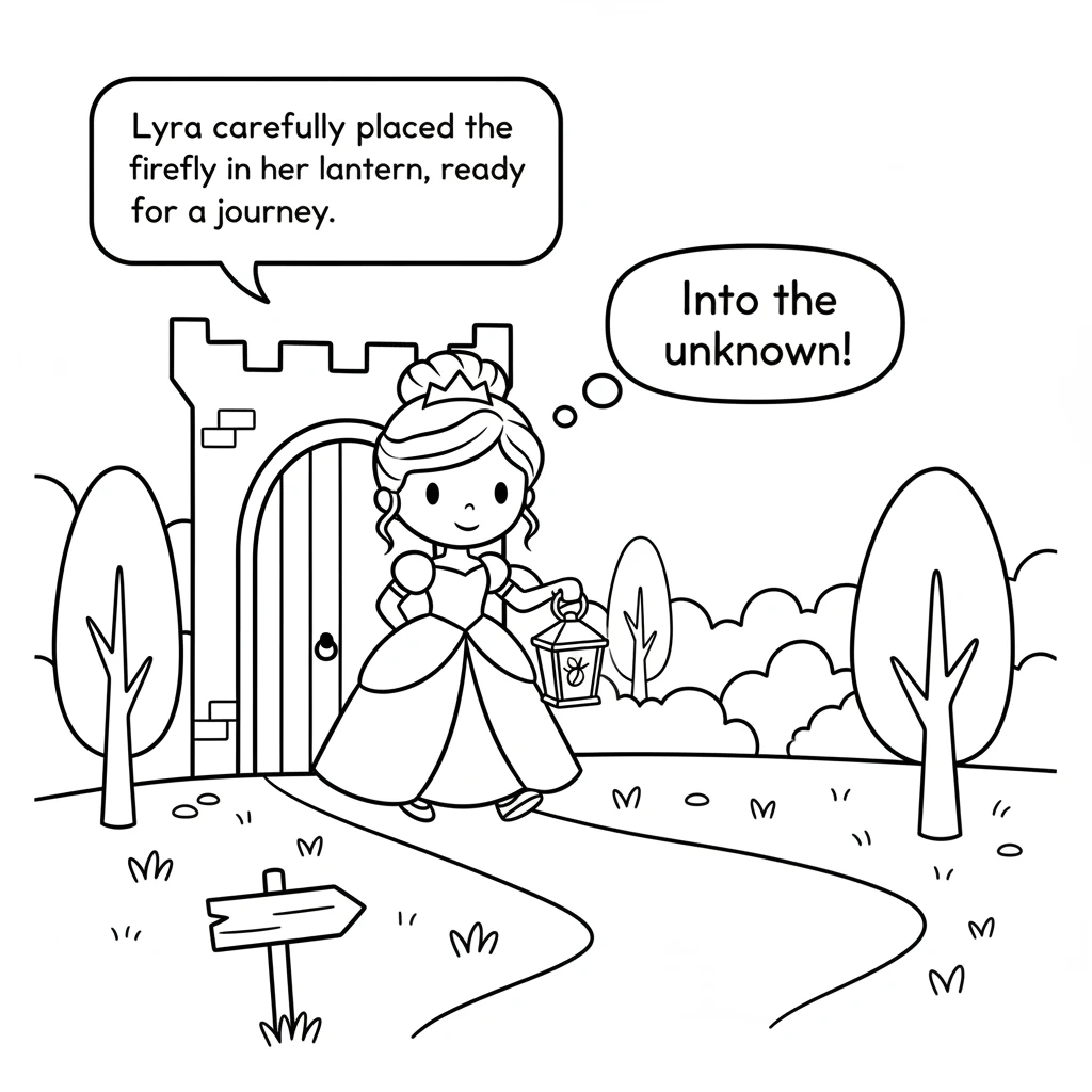 Lyra carefully places the firefly in a small, glowing lantern she holds. She steps outside the castle gates, ready for a journey into the unknown. The