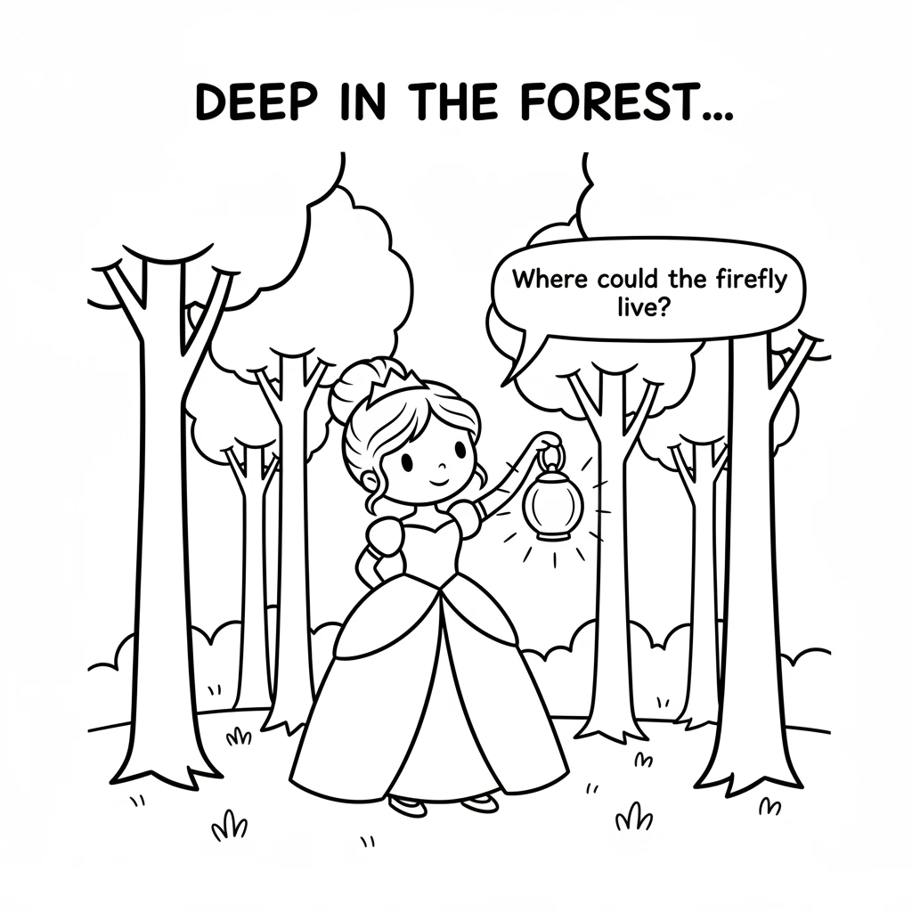 Deep in the forest, tall, simple trees tower around Lyra, their rounded tops reaching the sky. The air is fresh and quiet, filled with the rustle of l