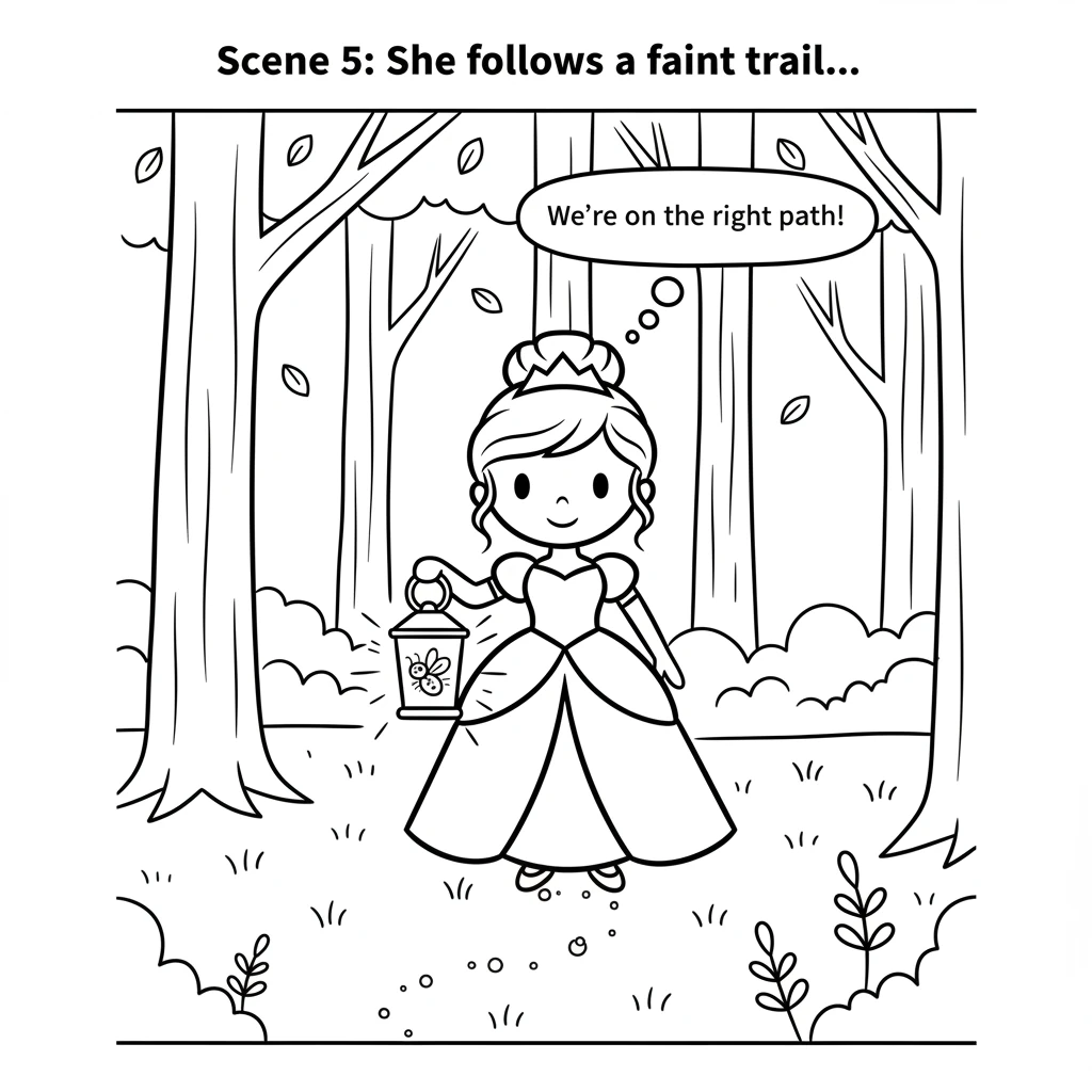 She follows a faint trail of tiny, almost invisible glowing specks on the forest floor. The little firefly in her lantern pulses with excitement, its