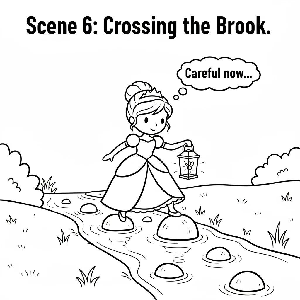 They cross a small, babbling brook with smooth, round stones peeking from the water. Lyra steps carefully from stone to stone, holding the lantern ste