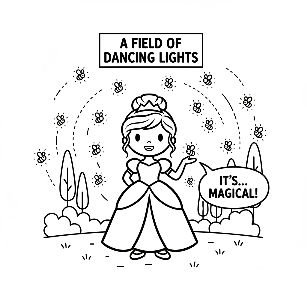 Soon, they discover a hidden clearing filled with dozens of other fireflies, their lights blinking and dancing. The air shimmers with their collective