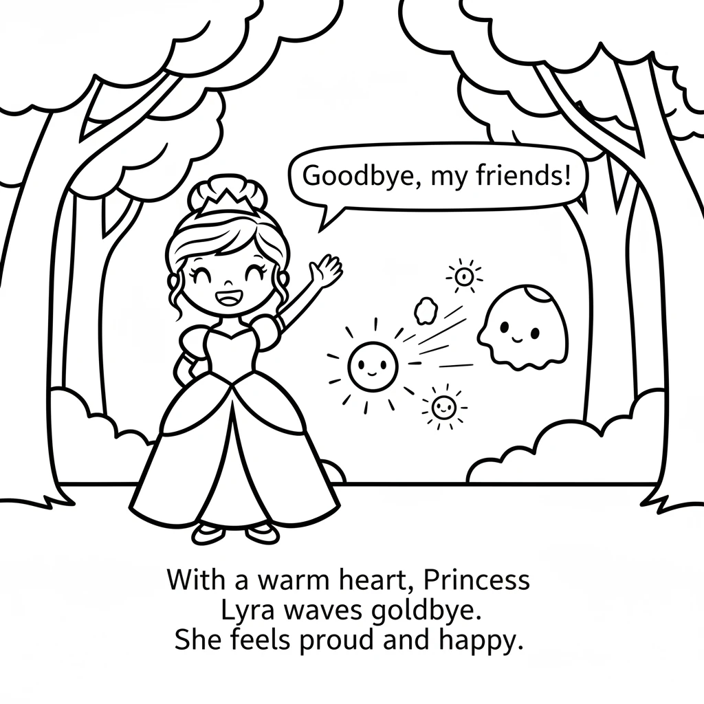 With a warm heart, Princess Lyra waves goodbye to her new glowing friends. She feels proud and happy for helping the lost creature find its way home.