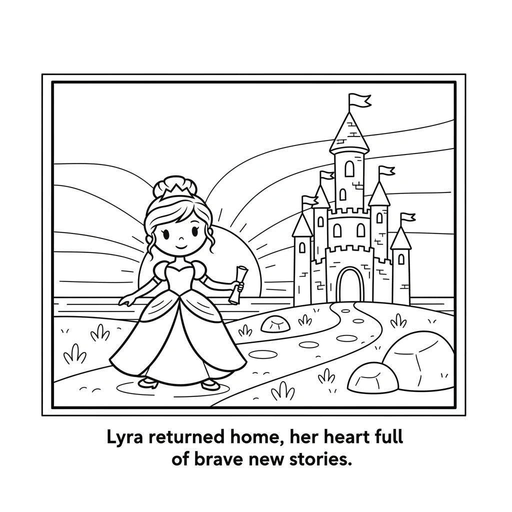 Lyra returns to her castle just as the sun sets, painting the sky in soft, simple colors. She knows adventures aren't just in books; they're everywher