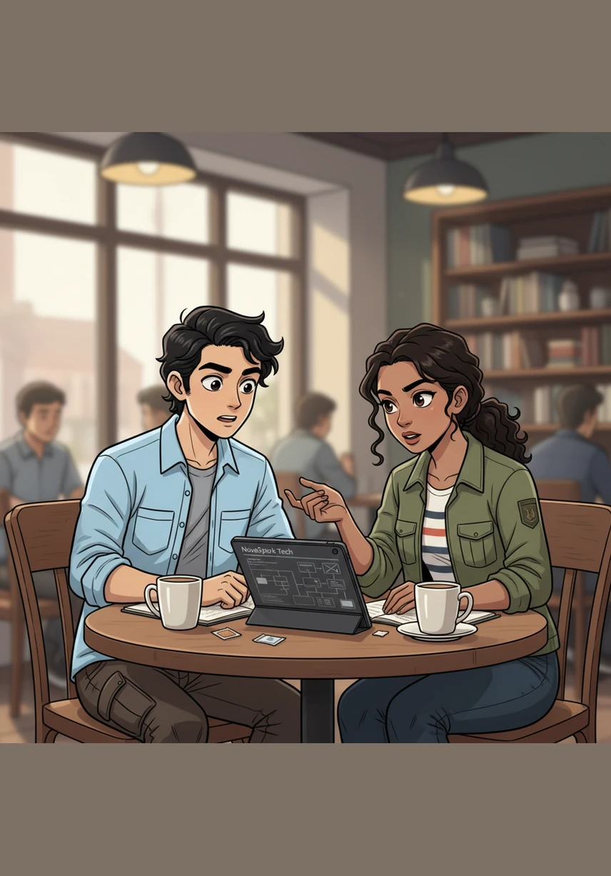 Aarav meets Zara, a determined journalism student, in a quiet cafe to discuss a series of strange technical failures at NovaSpark Tech. Her passion for the truth sparks a flicker of recognition in Aarav, who senses a deeper connection to her dangerous investigation.