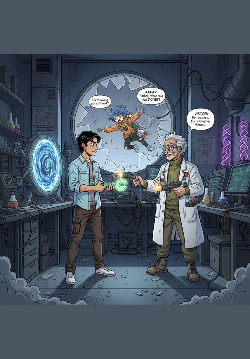 Aarav confronts his father, Viktor, under the flickering lights of their home, demanding the truth about his origins. Viktor looks at his son with a mixture of pride and profound regret, realizing the threshold they have both crossed can never be uncrossed.