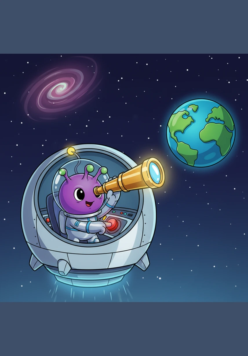 Deep in the shimmering galaxy of Sparkle-9, a tiny alien named Zoggy peered through his glowing telescope. He spotted a beautiful blue and green planet swirling in the distance and decided it was time for an adventure. With a press of a button, his round, silver spaceship hummed to life and zoomed toward the stars.