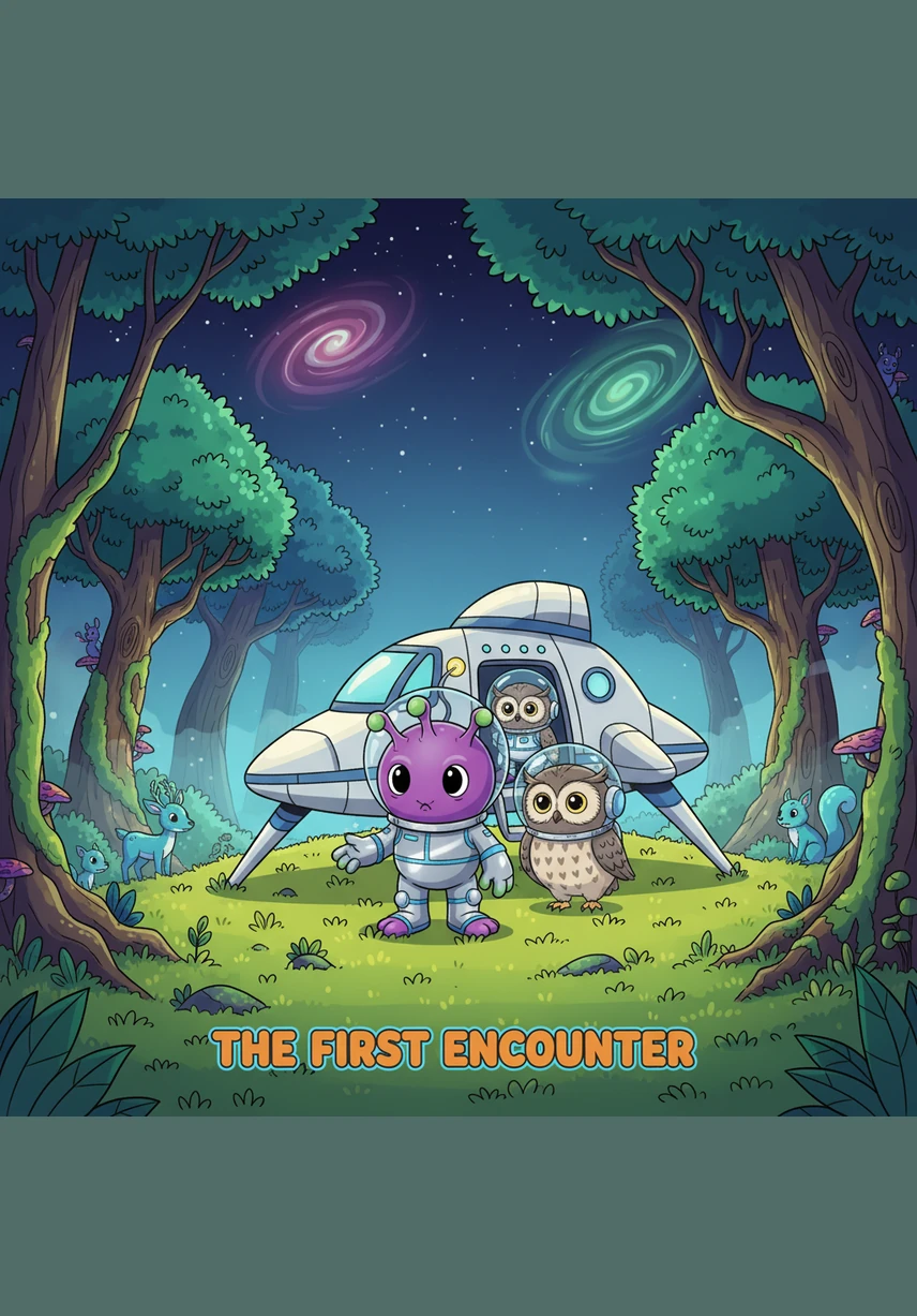 The spaceship glided through the clouds like a falling star, landing softly in a carpet of mossy green grass. As the hatch opened, Zoggy breathed in the scent of pine trees and damp earth for the very first time. Everything was so different from his metallic home, filled with strange sounds and cool breezes.