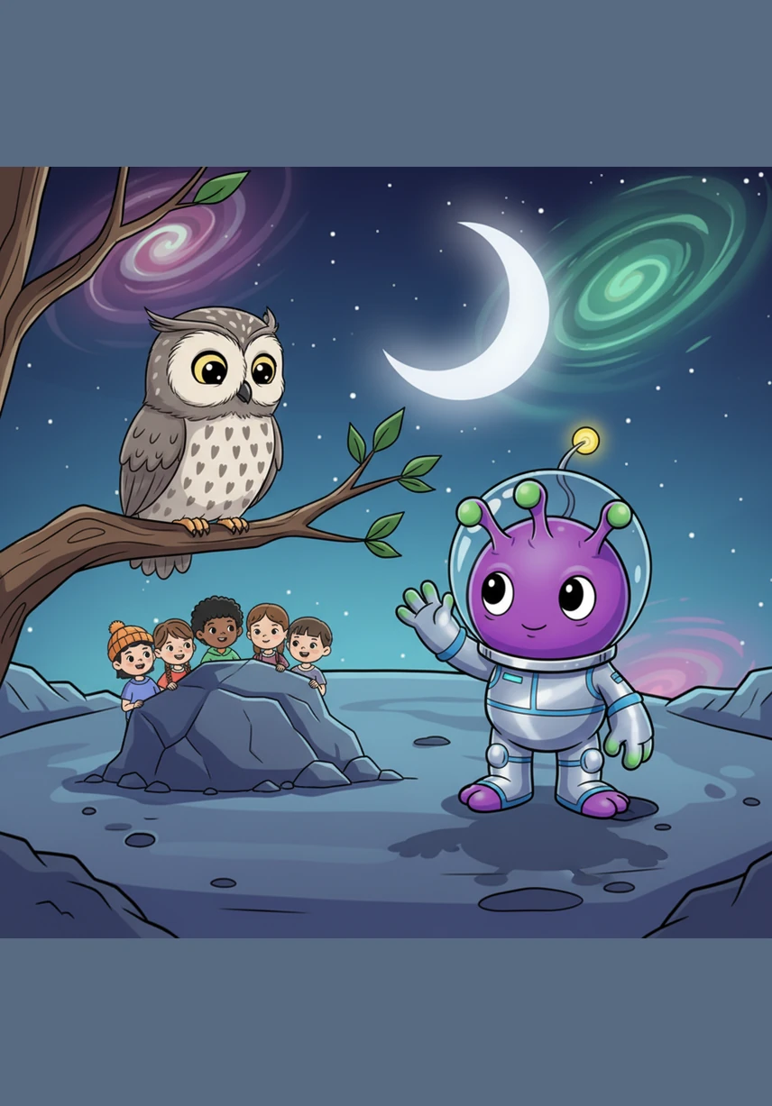 A wise old owl perched on a nearby branch hooted a gentle welcome to the visitor from the stars. Zoggy waved his three-fingered hand, his large eyes wide with wonder at the bird's soft feathers. They shared a quiet moment under the silver moonlight, two creatures from different worlds becoming fast friends.