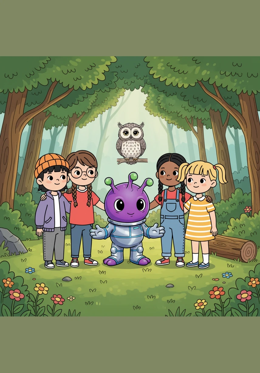 The children showed Zoggy how to fly a colorful kite and shared their peanut butter sandwiches. Zoggy found the sticky treat much more delicious than the glowing space-gel he usually ate for lunch. Laughter echoed through the trees as they played together until the afternoon shadows grew long.