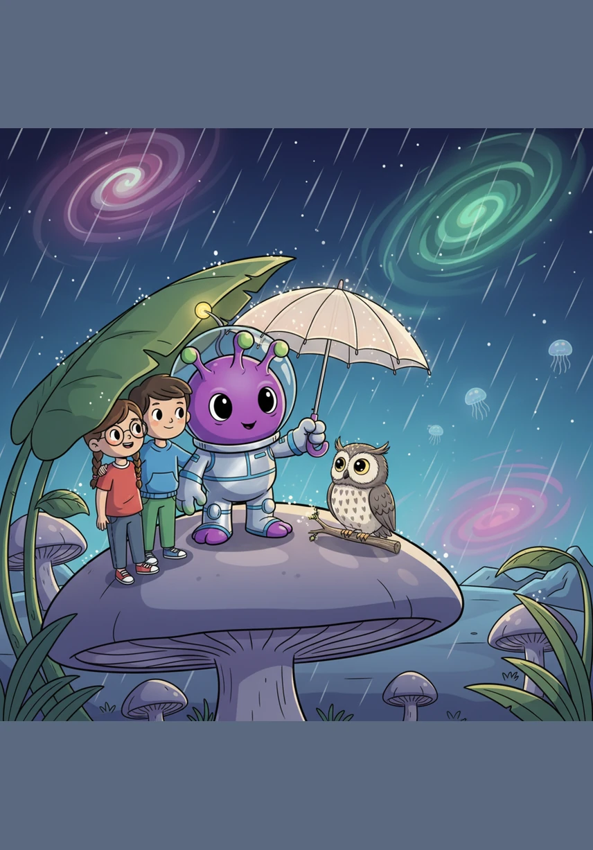 Suddenly, a light rain began to fall, followed by a magnificent rainbow stretching across the sky. Zoggy pointed at the colorful arch, mesmerized by the way the light split into beautiful ribbons of color. His new friends explained that Earth was full of such magical surprises if you knew where to look.