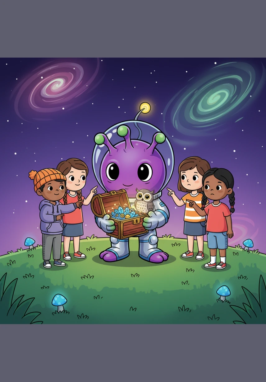 As evening approached, the group walked to a hilltop overlooking a sparkling city. Zoggy watched as thousands of tiny lights flickered on, looking like a reflection of the stars he called home. He realized that even though the world was big and busy, it was filled with warmth and light just like his own heart.