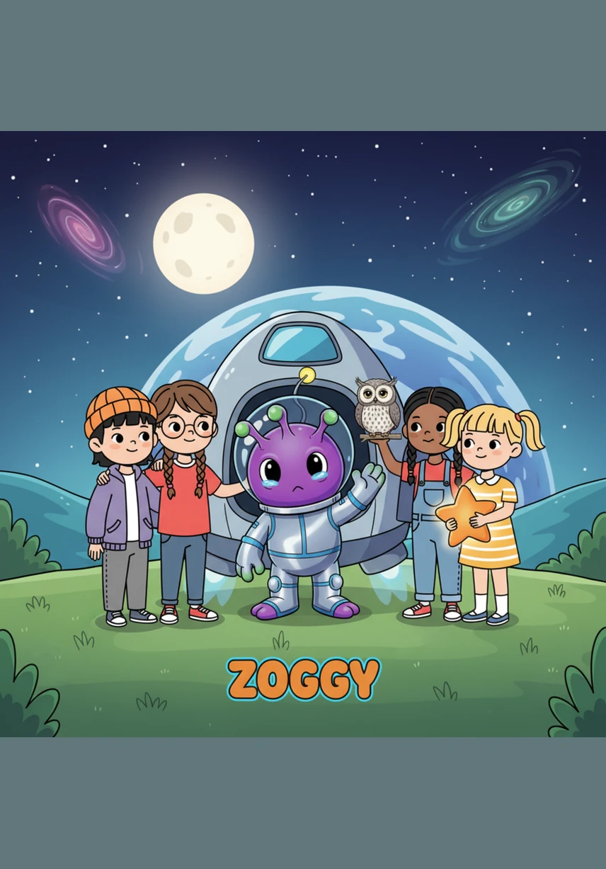 It was finally time for Zoggy to return to the stars, and his heart felt heavy as he stood by his spaceship. The children gave him a small, smooth river stone as a souvenir of their day together. Zoggy promised to look down at them every night from his home in the sky, flashing his spaceship lights in greeting.