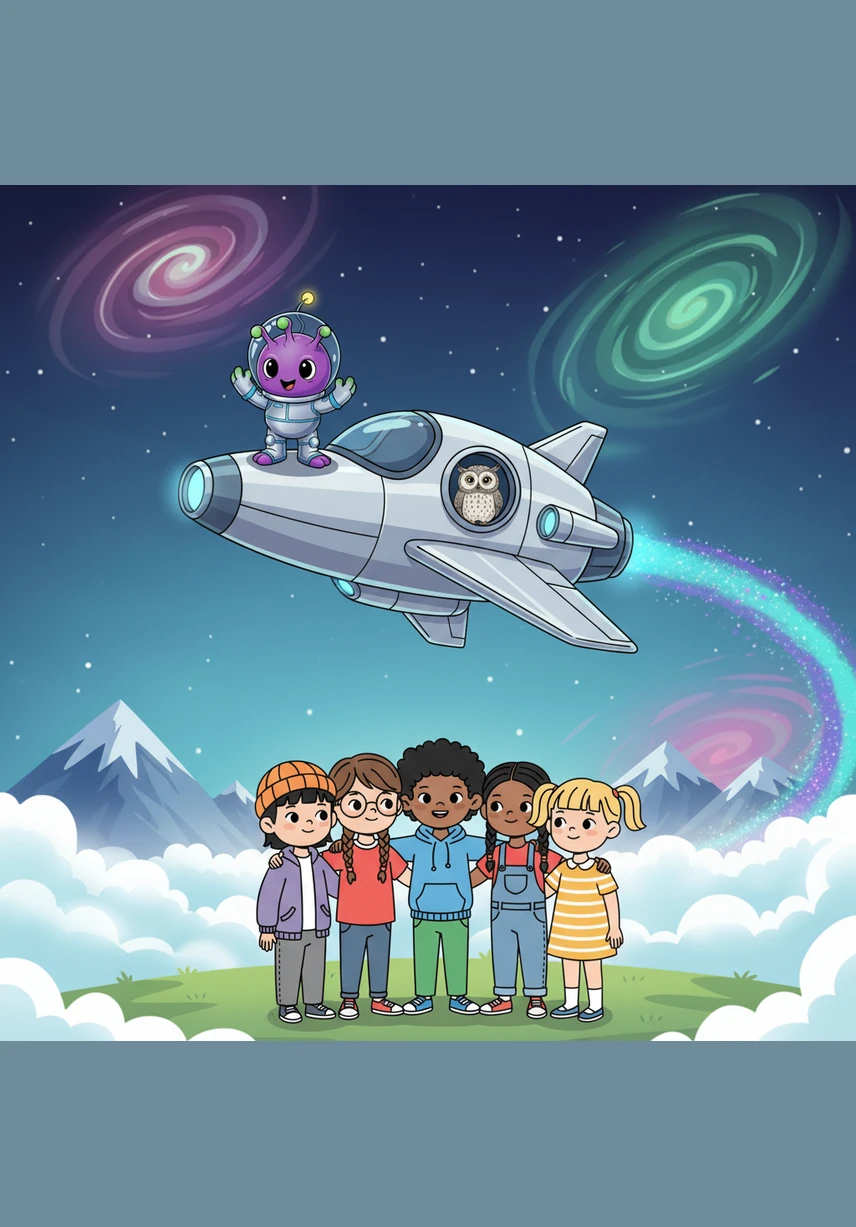 The silver spaceship soared high above the clouds, leaving a trail of glittery stardust behind. Zoggy looked out the window at the glowing blue marble of Earth, holding his river stone tightly. He knew that no matter how far he traveled, he would always have friends waiting for him on the beautiful blue planet.