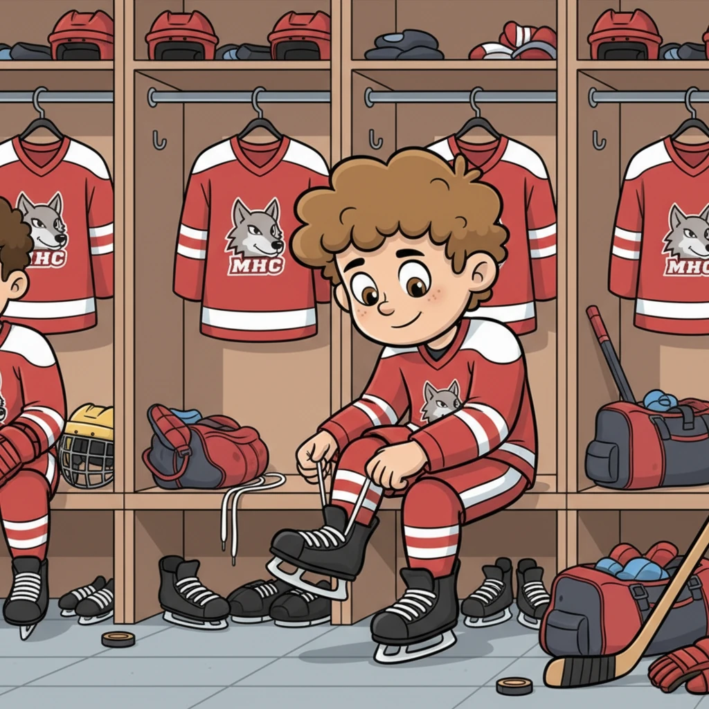 Idag är det matchdag! Casper sitter i omklädningsrummet och snörar noggrant på sig sina blanka skridskor. Spänningen pirrar i magen inför den kommande matchen.